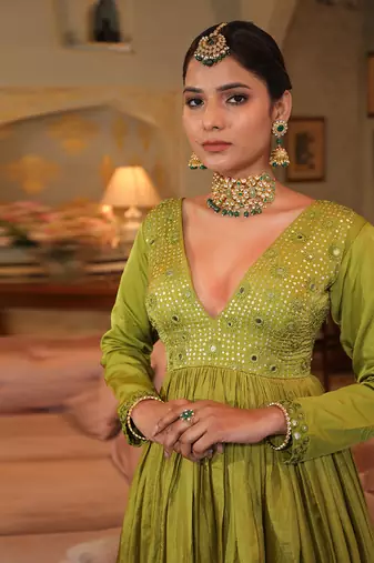 Olive Green Kalidar Anarkali Set