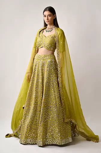 Olive Silk MIrror Sequin Lehenga Set