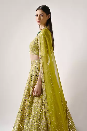 Olive Silk MIrror Sequin Lehenga Set