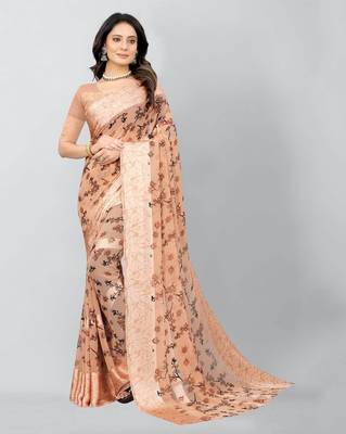 Beige printed pure georgette saree with blouse 1