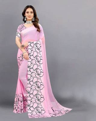 Pink printed pure georgette saree with blouse 1