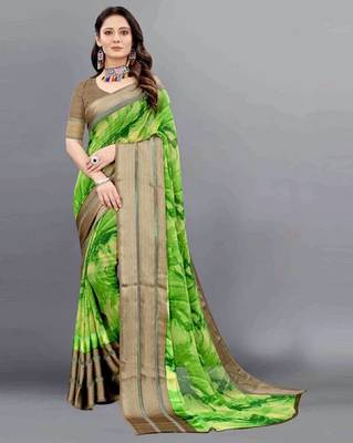 Green printed pure georgette saree with blouse 1