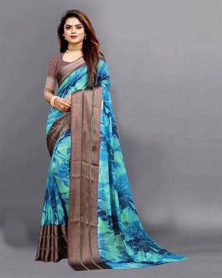 Blue printed pure georgette saree with blouse 1