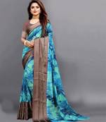 Blue printed pure georgette saree with blouse