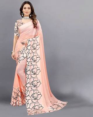 Peach printed pure georgette saree with blouse 1