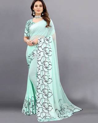 Aqua blue printed pure georgette saree with blouse 1
