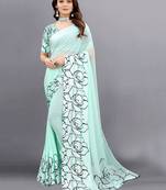 Aqua blue printed pure georgette saree with blouse