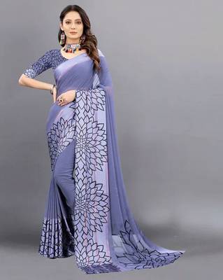Grey printed pure georgette saree with blouse 1