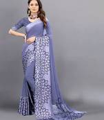 Grey printed pure georgette saree with blouse