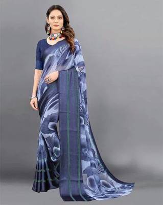 Blue printed pure georgette saree with blouse 1