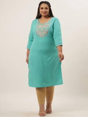Turquoise plain cotton kurtas-and-kurtis 1