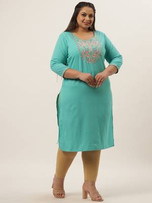 Turquoise plain cotton kurtas-and-kurtis 2