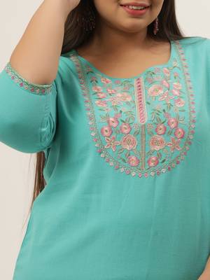 Turquoise plain cotton kurtas-and-kurtis 4