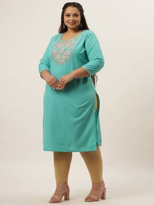 Turquoise plain cotton kurtas-and-kurtis 5