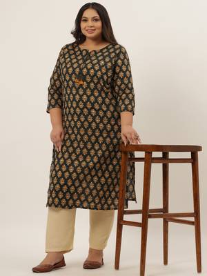 Teal-green printed cotton ethnic-kurtis 1