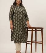 Olive printed cotton ethnic-kurtis
