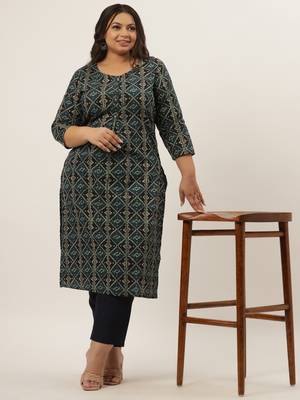 Teal-blue printed cotton ethnic-kurtis 1