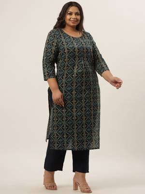 Teal-blue printed cotton ethnic-kurtis 2