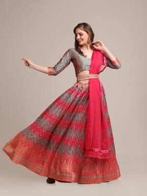 Pink & Grey  Platted  Semi Stitched Lehenga & unstitched Blouse With Dupatta set 1
