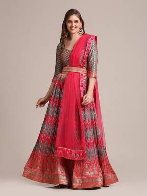 Pink & Grey  Platted  Semi Stitched Lehenga & unstitched Blouse With Dupatta set 2