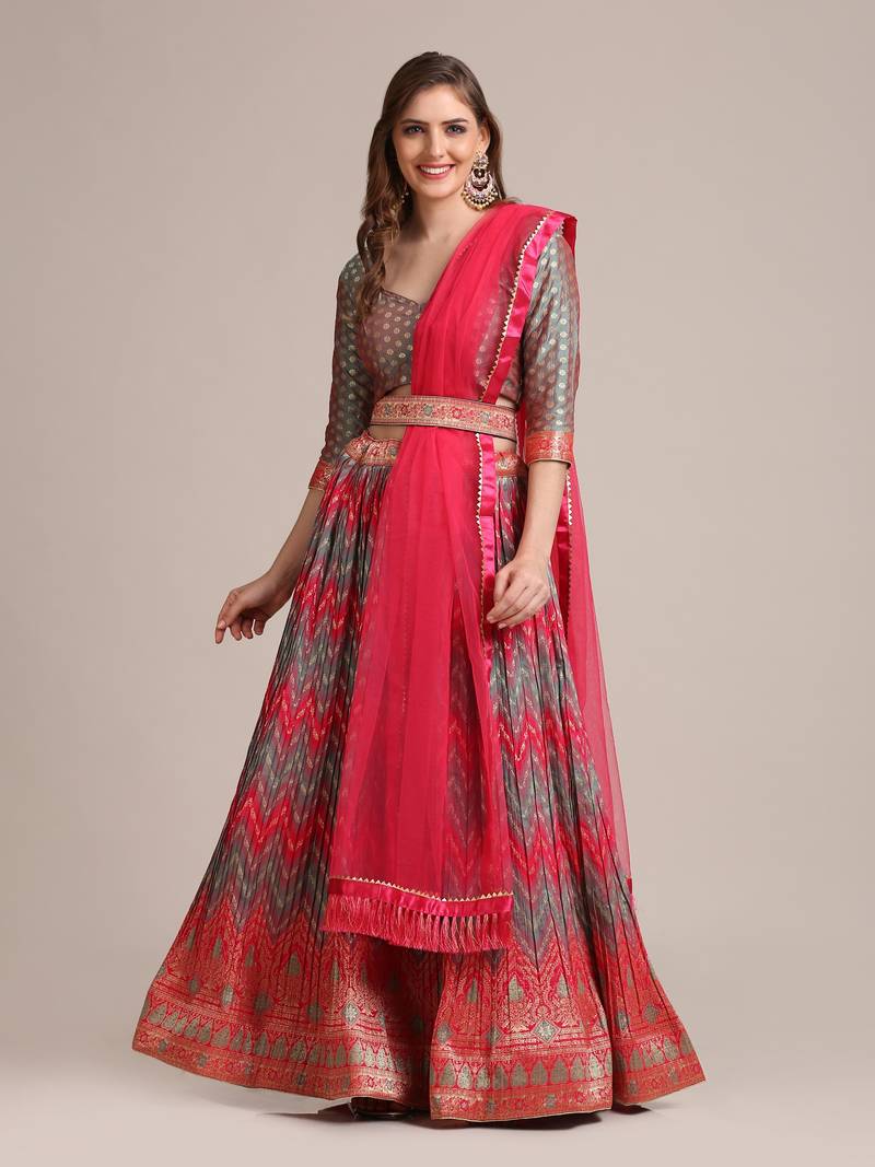 Pink & Grey  Platted  Semi Stitched Lehenga & unstitched Blouse With Dupatta set