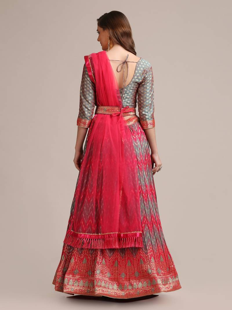 Pink & Grey  Platted  Semi Stitched Lehenga & unstitched Blouse With Dupatta set