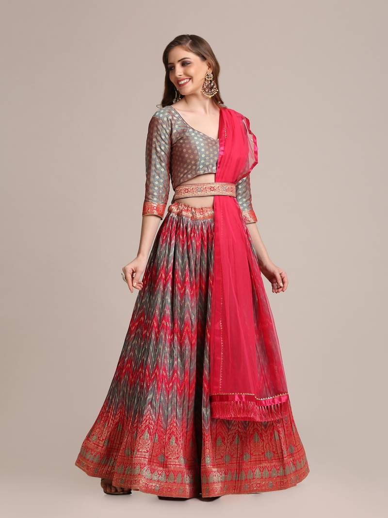 Pink & Grey  Platted  Semi Stitched Lehenga & unstitched Blouse With Dupatta set
