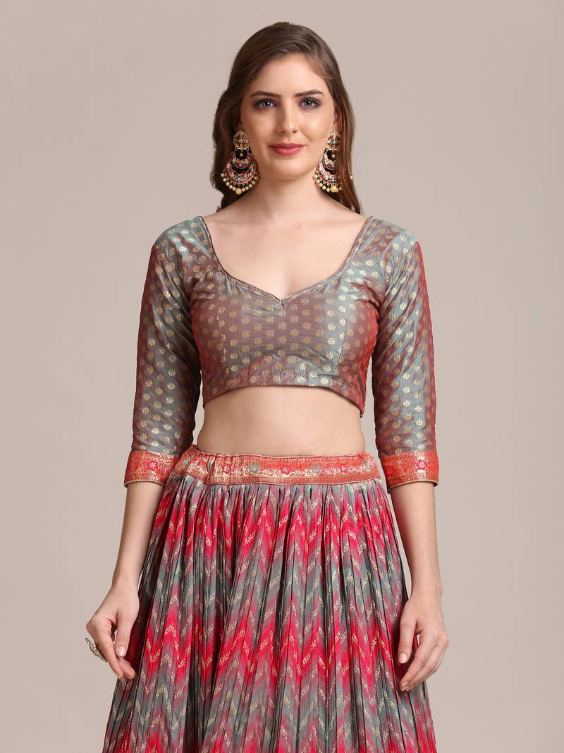 Pink & Grey  Platted  Semi Stitched Lehenga & unstitched Blouse With Dupatta set