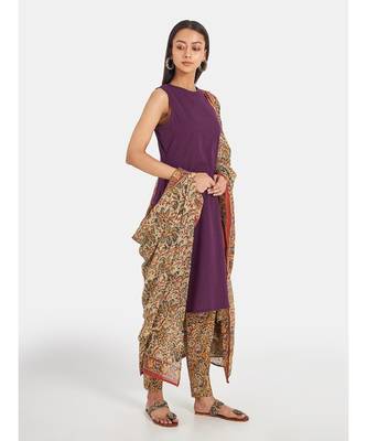 Suta Women's Purple Pure Cotton Solid Kurta Set with Dupatta 3