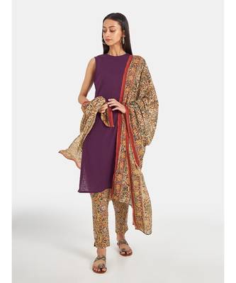 Suta Women's Purple Pure Cotton Solid Kurta Set with Dupatta 5