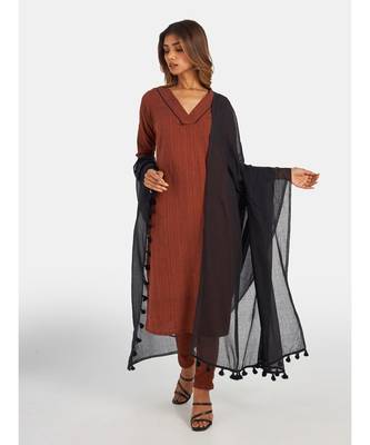Suta Women's Rust Pure Cotton Striped Kurta Set with Dupatta 4