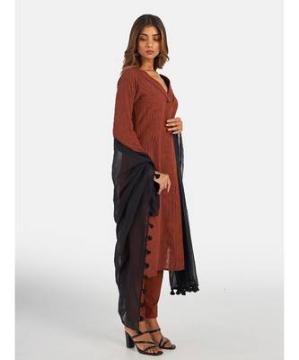 Suta Women's Rust Pure Cotton Striped Kurta Set with Dupatta 1