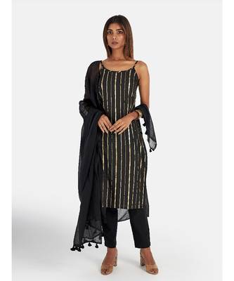 Suta Women's Black Viscose Rayon Striped Kurta Set with Dupatta 3