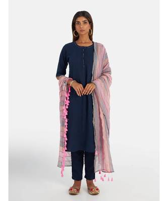 Suta Women's Blue Pure Cotton Solid Kurta Set with Dupatta 4