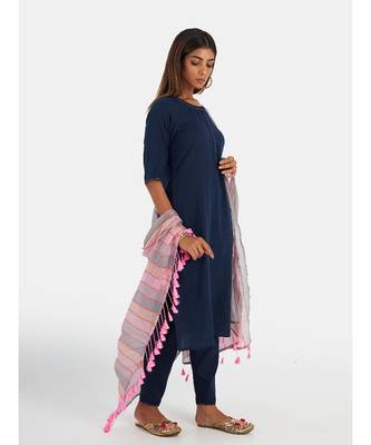 Suta Women's Blue Pure Cotton Solid Kurta Set with Dupatta 5