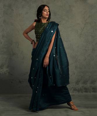 Blue Chanderi Saree With Sleeveless Blouse  1