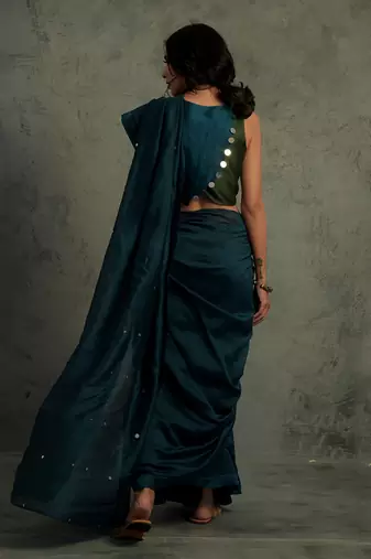 Blue Chanderi Saree With Sleeveless Blouse 