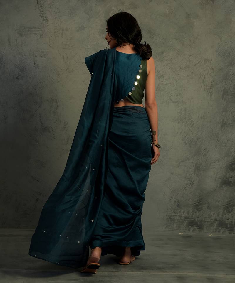 Blue Chanderi Saree With Sleeveless Blouse 