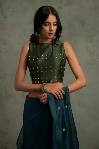 Blue Chanderi Saree With Sleeveless Blouse 