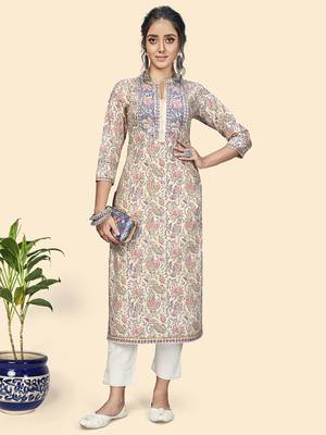 Vbuyz Women'S Print & Gota Patti Straight Cotton Beige Stitched Kurta 1