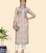 Vbuyz Women'S Print & Gota Patti Straight Cotton Beige Stitched Kurta