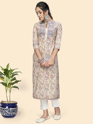 Vbuyz Women'S Print & Gota Patti Straight Cotton Beige Stitched Kurta 2