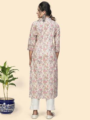 Vbuyz Women'S Print & Gota Patti Straight Cotton Beige Stitched Kurta 3