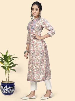 Vbuyz Women'S Print & Gota Patti Straight Cotton Beige Stitched Kurta 4
