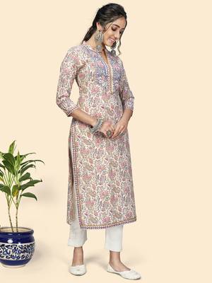 Vbuyz Women'S Print & Gota Patti Straight Cotton Beige Stitched Kurta 5