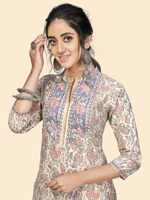 Vbuyz Women'S Print & Gota Patti Straight Cotton Beige Stitched Kurta 6