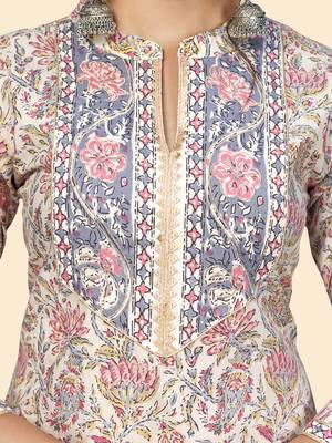 Vbuyz Women'S Print & Gota Patti Straight Cotton Beige Stitched Kurta 7