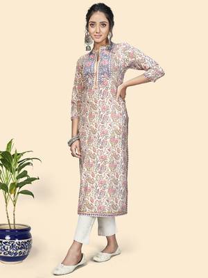 Vbuyz Women'S Print & Gota Patti Straight Cotton Beige Stitched Kurta 8