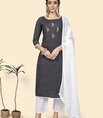 Vbuyz Women'S Embroidered Straight Cotton Bland Black Stitched Kurta Pant With Dupatta