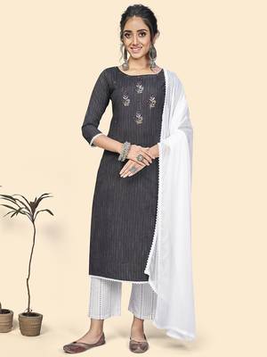Vbuyz Women'S Embroidered Straight Cotton Bland Black Stitched Kurta Pant With Dupatta 2